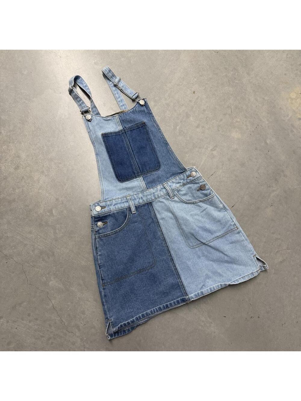 Y2K PacSun Two Tone Colorblock Denim Overall Dress Jumper Pinafore Women's Small